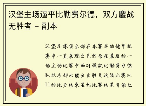 汉堡主场逼平比勒费尔德，双方鏖战无胜者 - 副本
